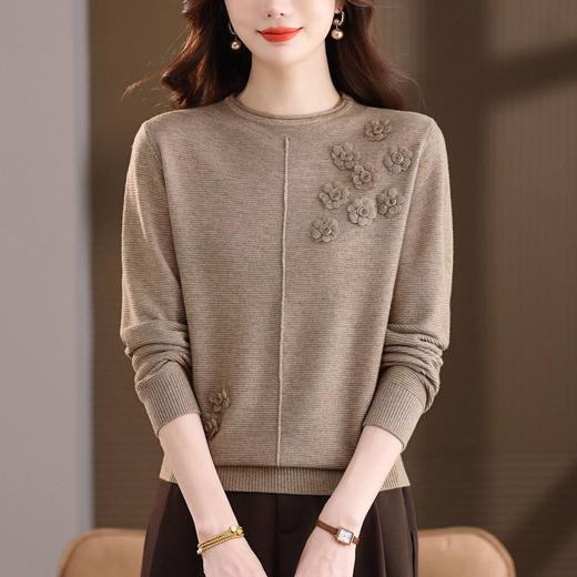法式复古立体玫瑰刺绣针织衫，显瘦圆领长袖打底上衣CC-QQH-9237 商品图0