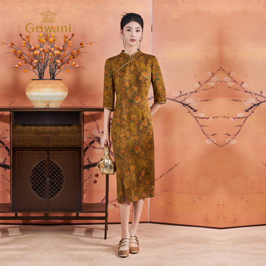 【金色海棠纹】【香云纱】乔万尼2025新品古典旗袍改良新中式真丝连衣裙ED2E469 商品图3