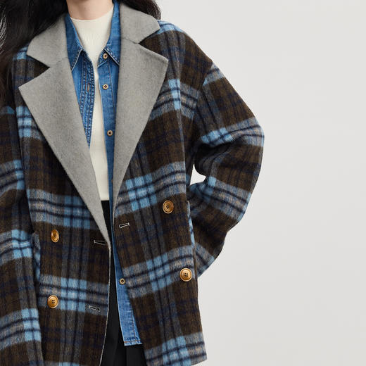 【10/15新品】熙世界双面两穿格纹毛呢外套女2025年秋冬新款复古戗驳领羊毛大衣 商品图4