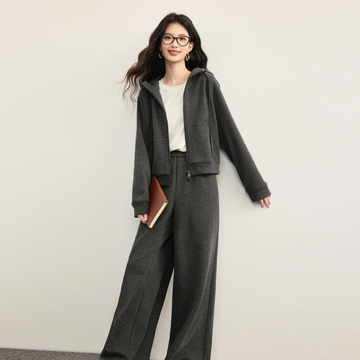 【10/15新品】熙世界轻运动灰色卫衣套装女士秋冬加绒连帽拉链开衫休闲裤两件套 商品图4