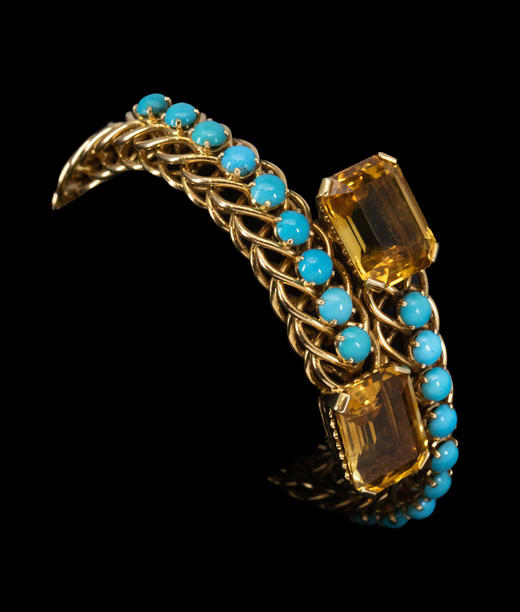 独角鹿西洋古董1950年代法国出品环扣造型18K黄金镶嵌绿松石及黄水晶手镯 商品图3