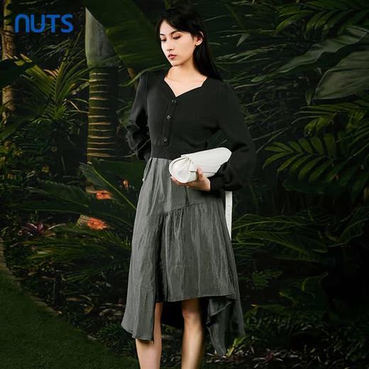 NUTS春秋季新款复古气质高腰针织拼接不规则连衣裙女411102102 商品图1
