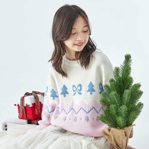 棵初2025年冬季新款亲子中大女童费尔岛几何花纹毛衣纯绵羊毛上衣 商品图3