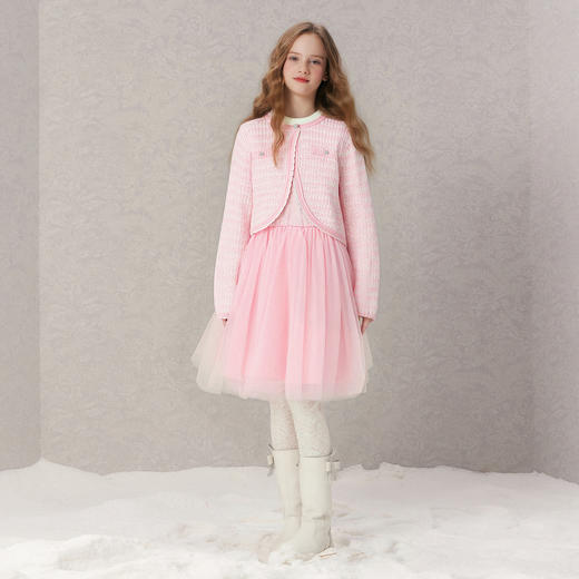 笛莎Deesha 童装女童连衣裙2025冬新款小香风羊毛拼接网纱裙 商品图2