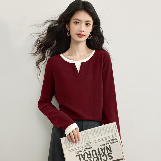 【周四狂欢价】熙世界【发热磨毛亨利衫】撞色假两件T恤女秋冬叠穿内搭打底上衣 商品图4