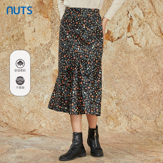 NUTS商场同款秋冬复古气质高腰松紧百搭碎花长款半身裙女348062306 商品图0