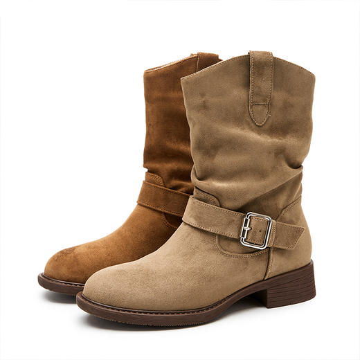 西遇美拉德短靴女新款秋冬百搭复古新疆西部牛仔靴绒面堆堆靴V1957157 商品图4