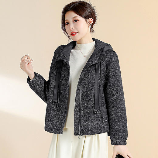 QYM CS25D76-Y时尚连帽毛呢外套呢子休闲上衣 商品图1