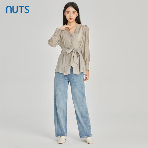 NUTS商场同款春秋季白色高级感气质通勤V领收腰衬衫女414013413 商品图3