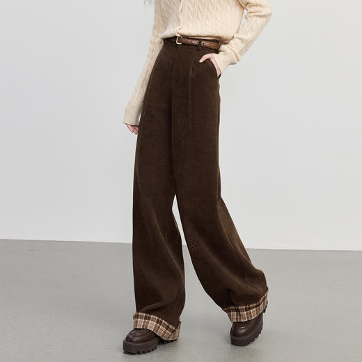 【10/15新品】熙世界老钱风灯芯绒阔腿裤女秋冬新款撞色格纹翻边直筒宽松休闲裤 商品图4