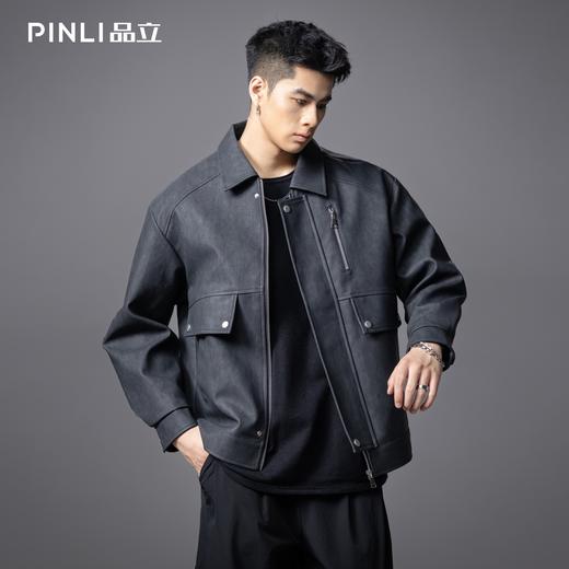 PINLI品立2025秋季新款宽松翻领落肩复古高街PU皮衣茄克外套男潮GD253104096 商品图3