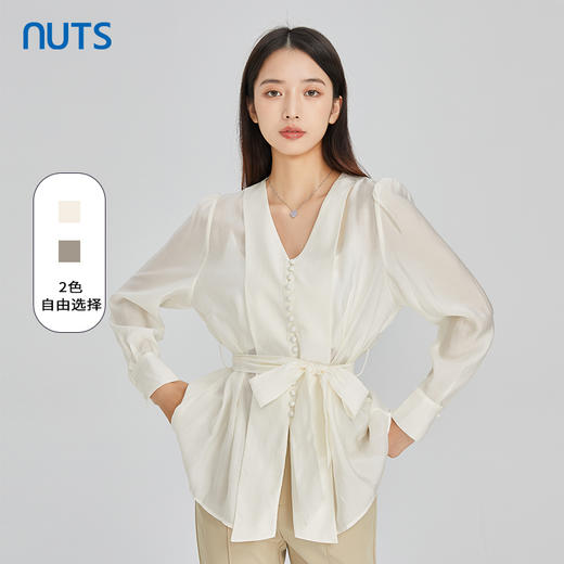 NUTS商场同款春秋季白色高级感气质通勤V领收腰衬衫女414013413 商品图0