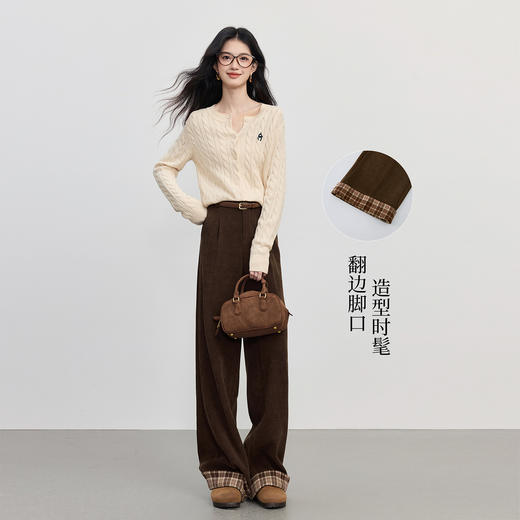 【10/15新品】熙世界老钱风灯芯绒阔腿裤女秋冬新款撞色格纹翻边直筒宽松休闲裤 商品图2