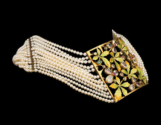 独角鹿西洋古董20世纪法国出品新艺术风格18K黄金嵌花叶造型空窗珐琅钻石红宝石及祖母绿装饰多股天然海水珍珠项链 商品图4