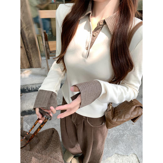 <曾小咸推荐> 韩系杏色长袖v领t恤女早秋假两件修身内搭打底衫单穿上衣 商品图2