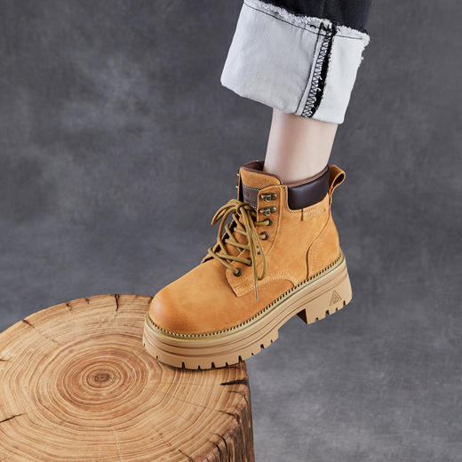 工装马丁靴真皮厚底增高，复古高帮机车系带大黄短靴ZM258668 商品图1