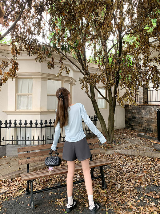 【110元任选2件】现货！抽绳绑带大领口长袖T恤女修身 商品图11