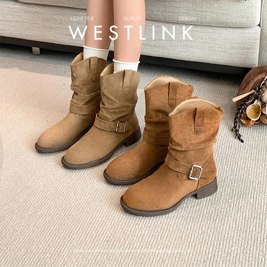 西遇美拉德短靴女新款秋冬百搭复古新疆西部牛仔靴绒面堆堆靴V1957157 商品图0