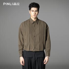 PINLI品立春季新款复古条纹捏褶衬衫潮牌休闲宽松长袖男衬衣B253113024