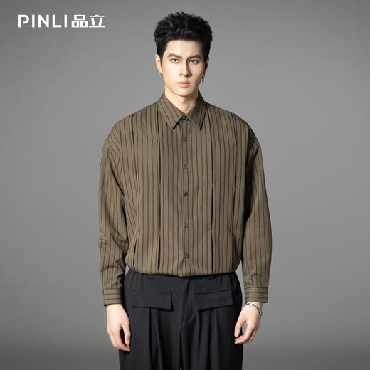 PINLI品立春季新款复古条纹捏褶衬衫潮牌休闲宽松长袖男衬衣B253113024 商品图0