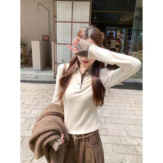 <曾小咸推荐> 韩系杏色长袖v领t恤女早秋假两件修身内搭打底衫单穿上衣 商品图5