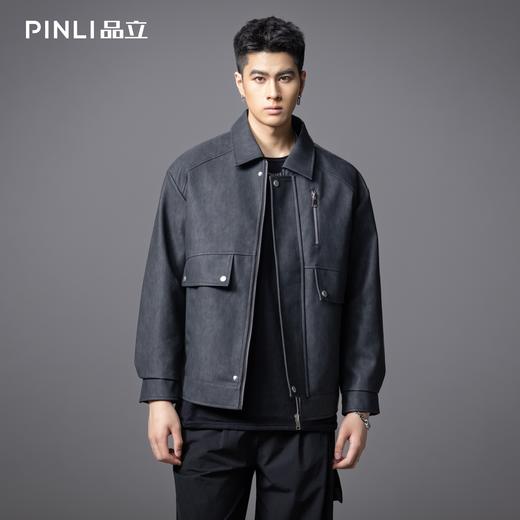 PINLI品立2025秋季新款宽松翻领落肩复古高街PU皮衣茄克外套男潮GD253104096 商品图0