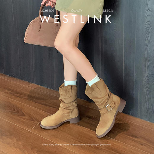 西遇美拉德短靴女新款秋冬百搭复古新疆西部牛仔靴绒面堆堆靴V1957157 商品图2