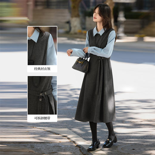【10/15新品】熙世界「格雷腔调」假两件毛呢连衣裙女秋冬新款衬衫翻领收腰裙子 商品图2