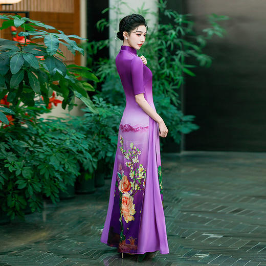 QCYJ 190 紫色奥黛走秀旗袍大气改良版中国风舞台演出礼服紫色 商品图3