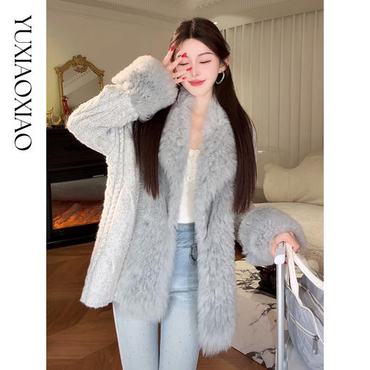 余潇潇【极地暖阳】羊毛混纺拼托斯卡纳皮毛一体V领慵懒感外套 商品图2