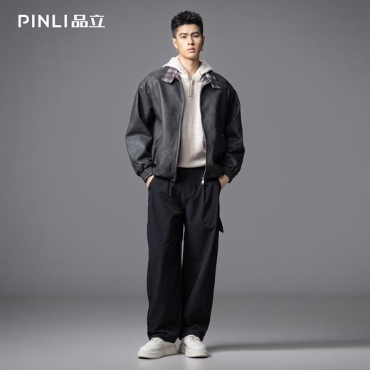 PINLI品立2025秋季新款男宽松落肩高街复古机车风PU皮衣茄克外套GD253104095 商品图1