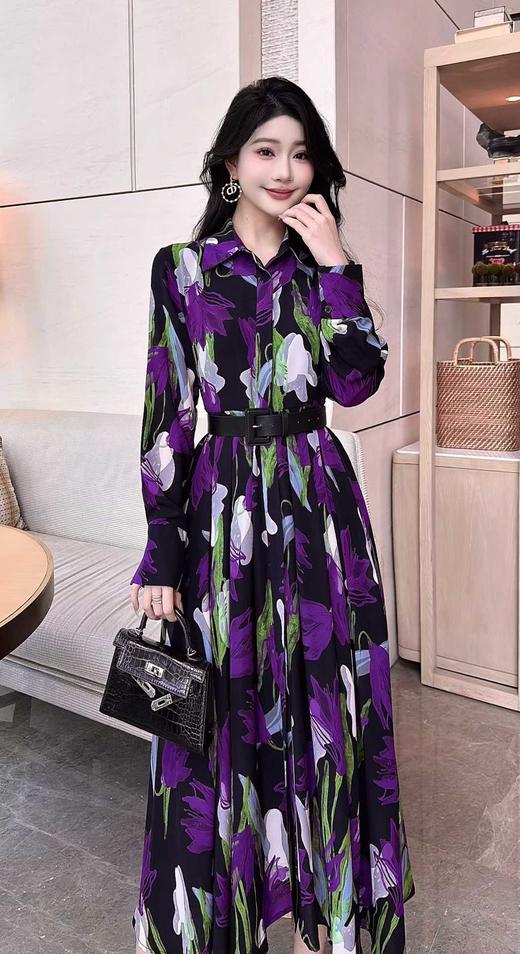 SZ3S79_凝夜紫色_连衣裙_春秋_翻领长袖单排扣腰带收腰A字中长款_高级女装_BERNIEELEN 伯妮斯茵 商品图2