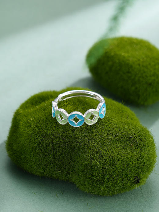 子佩集【赢财生福】S990银戒指【MXJZ027】花丝珐琅彩五连环钱币2510 商品图1