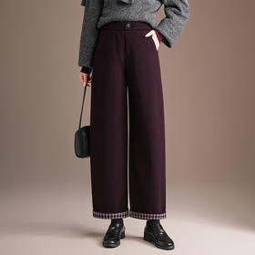 QYM H628-Y格子拼结阔腿裤厚款毛呢裤宽松休闲直筒休闲裤