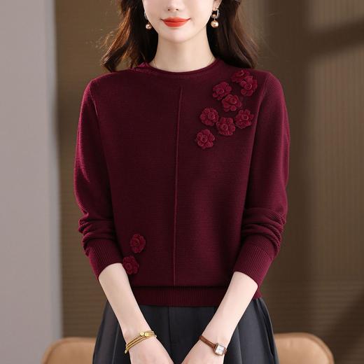 法式复古立体玫瑰刺绣针织衫，显瘦圆领长袖打底上衣CC-QQH-9237 商品图1