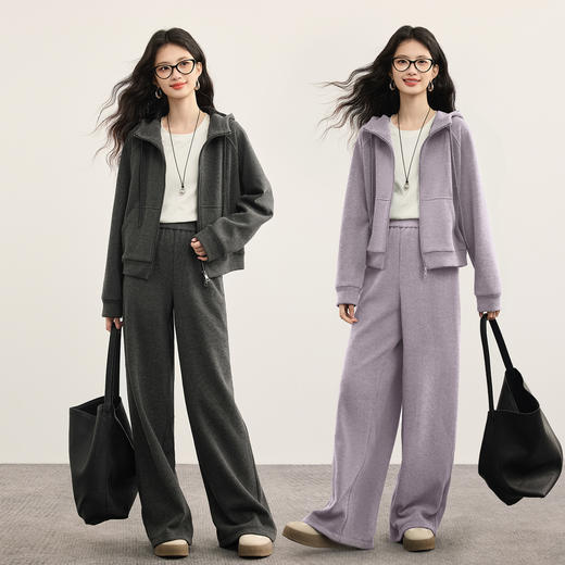 【10/15新品】熙世界轻运动灰色卫衣套装女士秋冬加绒连帽拉链开衫休闲裤两件套 商品图2