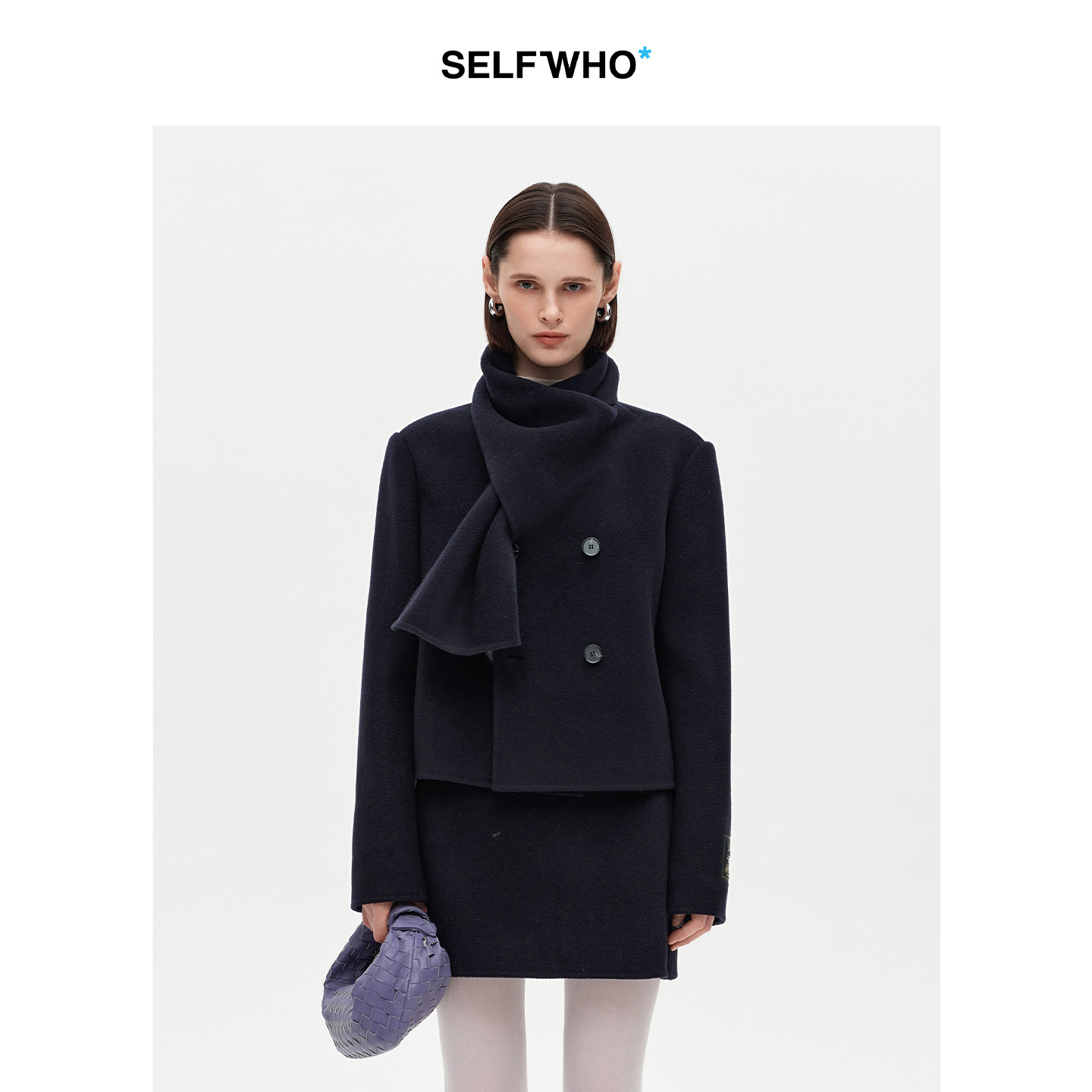 SELFWHO高支高密羊驼毛混纺围巾领毛呢外套女2025冬新款短款大衣