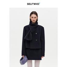 SELFWHO高支高密羊驼毛混纺围巾领毛呢外套女2025冬新款短款大衣