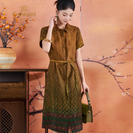 【麦穗渐变花】【香云纱】乔万尼方格100%真丝新中式花萝连衣裙ED2E455 商品图2