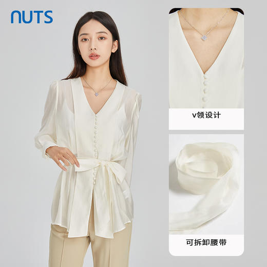 NUTS商场同款春秋季白色高级感气质通勤V领收腰衬衫女414013413 商品图2