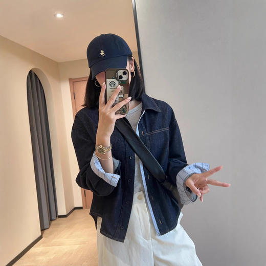 高品质！拼接格纹短款天丝翻领牛仔衬衫外套女2025秋款！ 商品图0