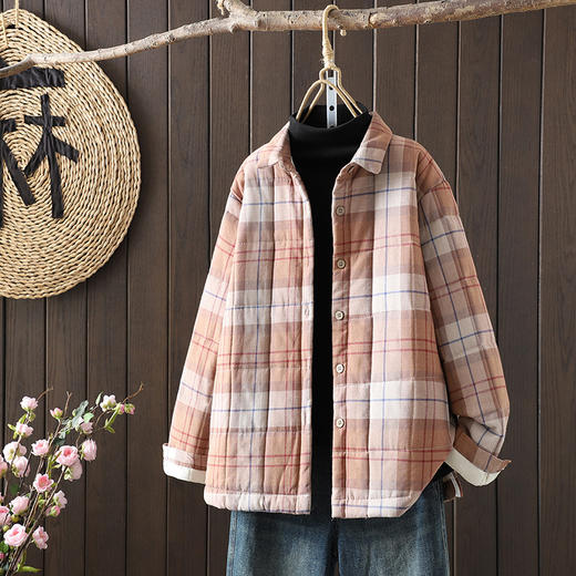 2025秋冬款复古民族风改良文艺宽松加棉加厚长袖格子衬衫上衣女 商品图0