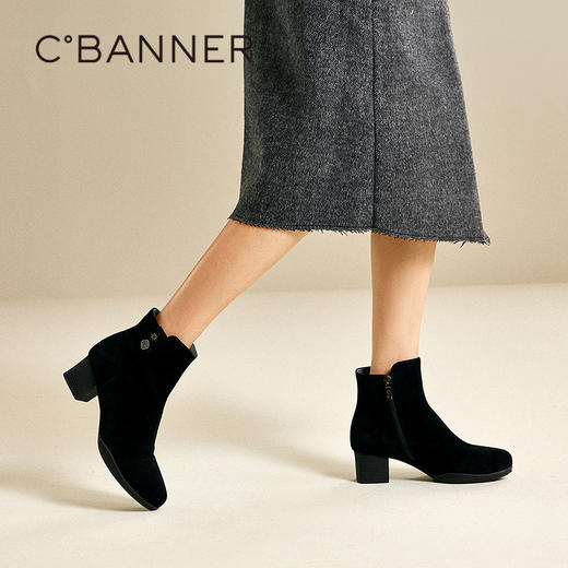 千百度加绒粗高跟羊皮靴女增高时装靴保暖显瘦短靴子A25510811 商品图2