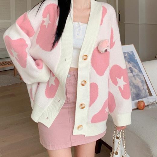 【甜美小熊玩偶外套】韩版软糯慵懒风设计显瘦秋冬小熊宽松拼色针织开衫撞色女毛衣外套。rc 商品图1