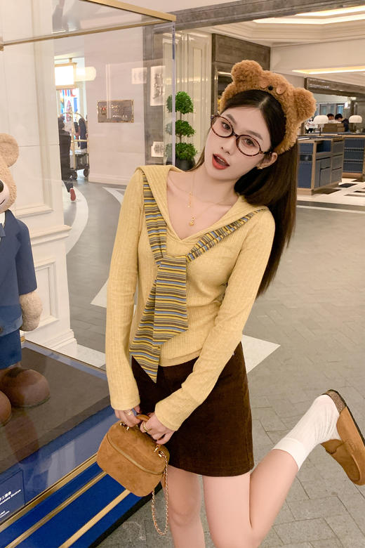 <曾小咸推荐> 韩系黄色条纹披肩长袖t恤女早秋季薄款修身内搭打底衫上衣 商品图5