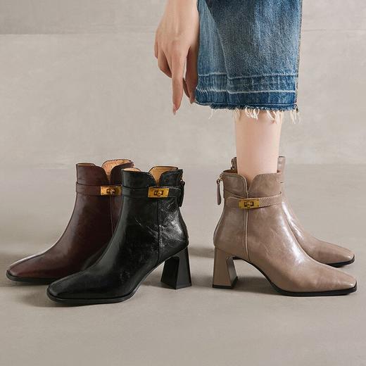 【预售5天】7CM牛皮！时尚皮带锁扣粗跟短靴女新款方头高跟瘦瘦靴女秋冬YS&YSX4084 商品图4