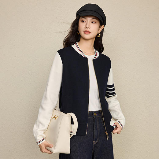 「自」全新升级【铂金会员367/天猫489/差价122】(64507)洛诗琳英伦气质学院风棒球服2025秋冬羊毛撞色加厚针织外套 商品图2