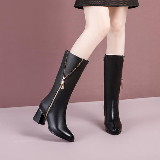 【预售7天】真软皮中筒靴女秋冬新款高跟加绒保暖靴子女时尚百搭洋气粗跟皮鞋JLD&5070 商品图2