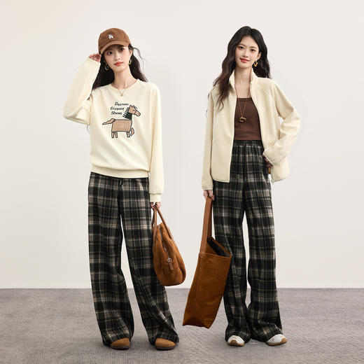 【10/15新品】熙世界加绒格子阔腿裤女秋冬季复古学院直筒休闲裤子宽松bf慵懒风 商品图2