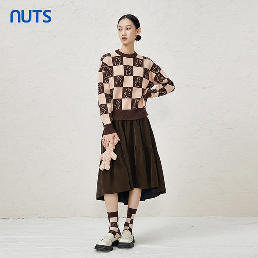 NUTS商场同款秋冬款设计感圆领格子百搭套头内搭针织衫女344052111 商品图1